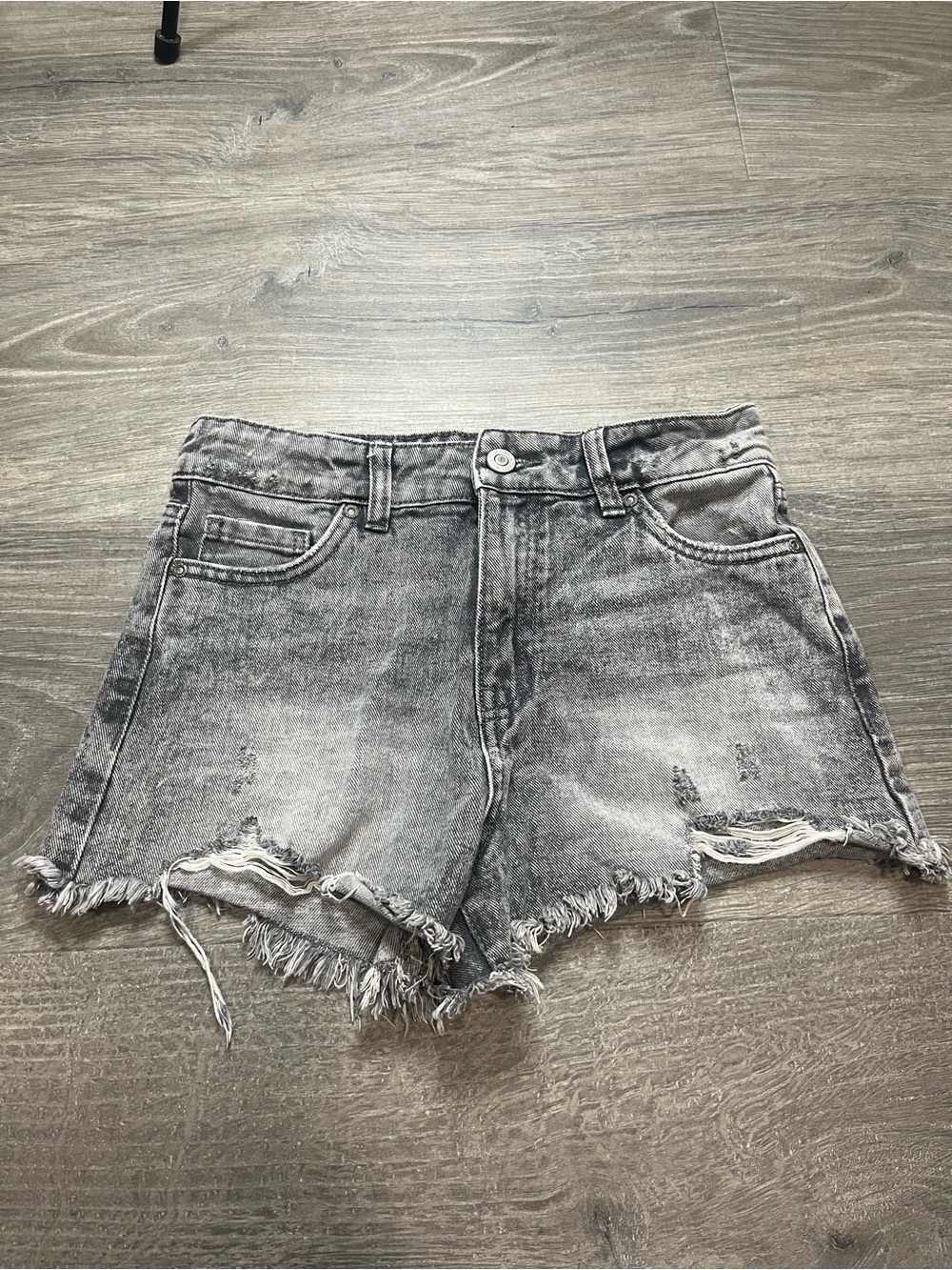 Washed Black Distressed Denim High-Rise Shorts